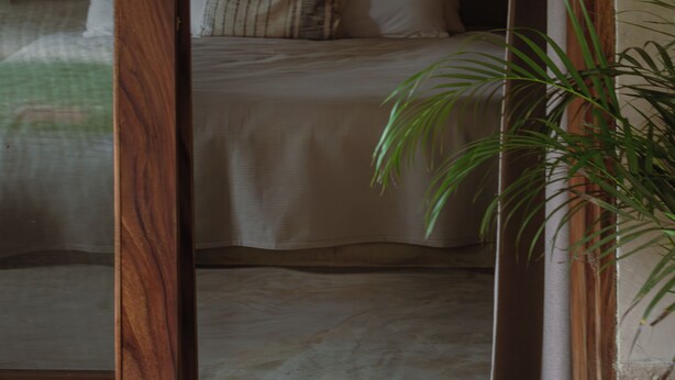 Een slaapkamer met een bed, kussens en een potplant.