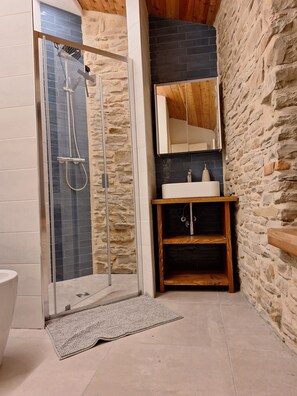 Bidet, towels, soap, toilet paper