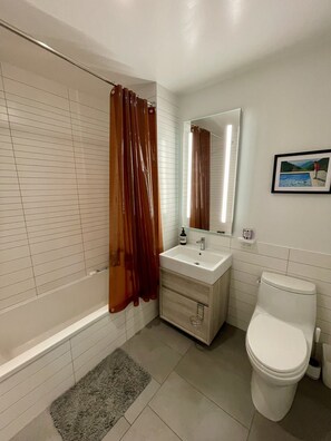 Hair dryer, towels, soap, toilet paper