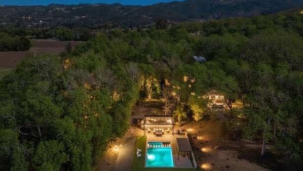 A secluded resort with a swimming pool, outdoor seating, and a view of the surrounding hills. - Ravenwood Paradise: Private Pool and Hot Tub (Glen Ellen)