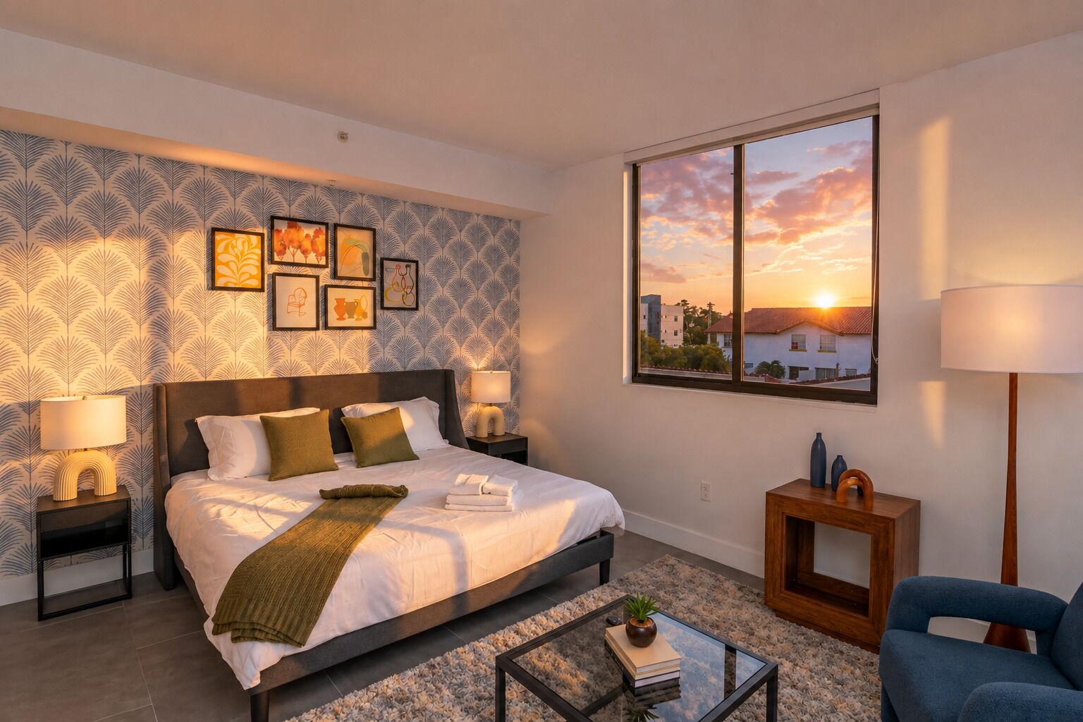 A hotel room with a bed, bedside lamps, a view of a sunset, and a framed picture on the wall.