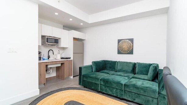 Un espacio habitable compacto con un sofá verde, una zona de cocina y un adorno de pared.