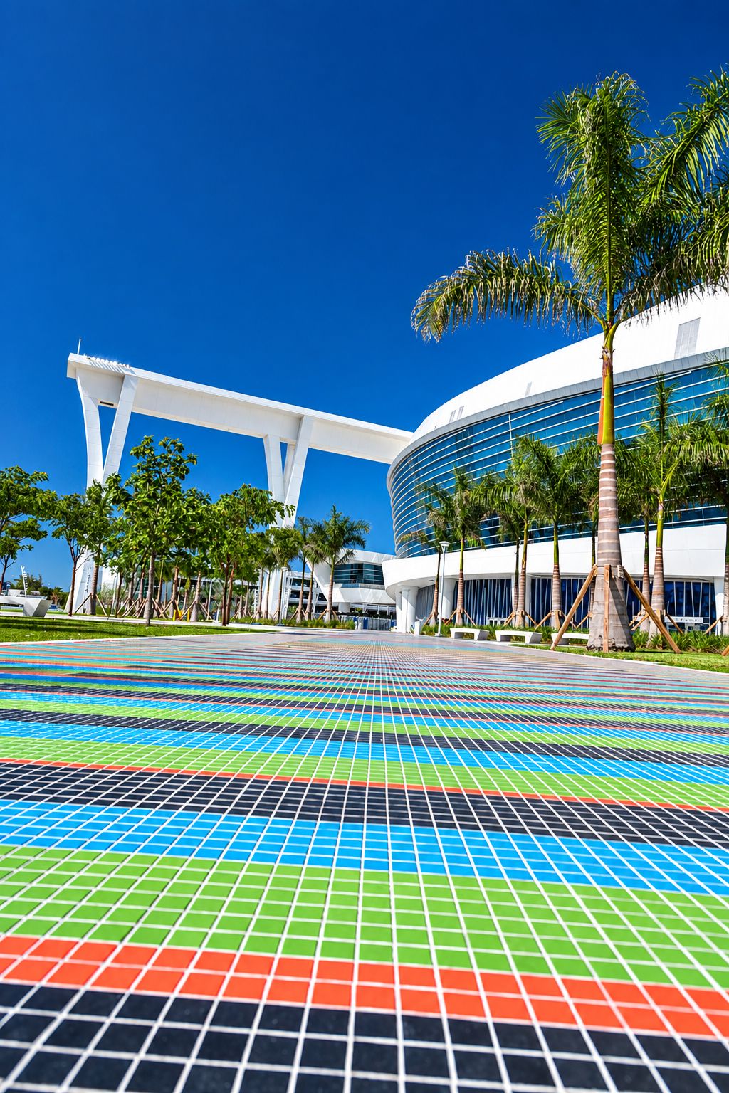 Un edificio moderno con una facciata curva e una struttura bianca in primo piano.