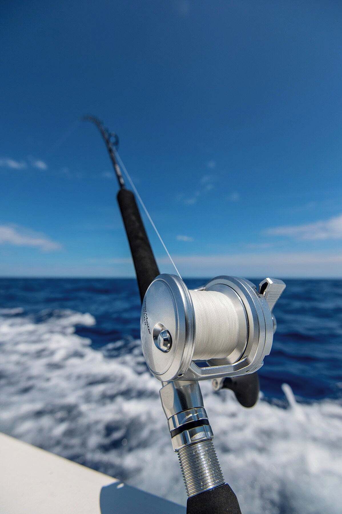A fishing rod with a reel, set against a backdrop of the ocean and sky.
