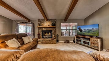 TV connectée, cheminée, livres