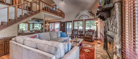 Smart TV, fireplace, books