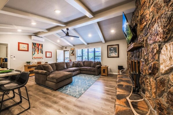 Smart TV, fireplace, books