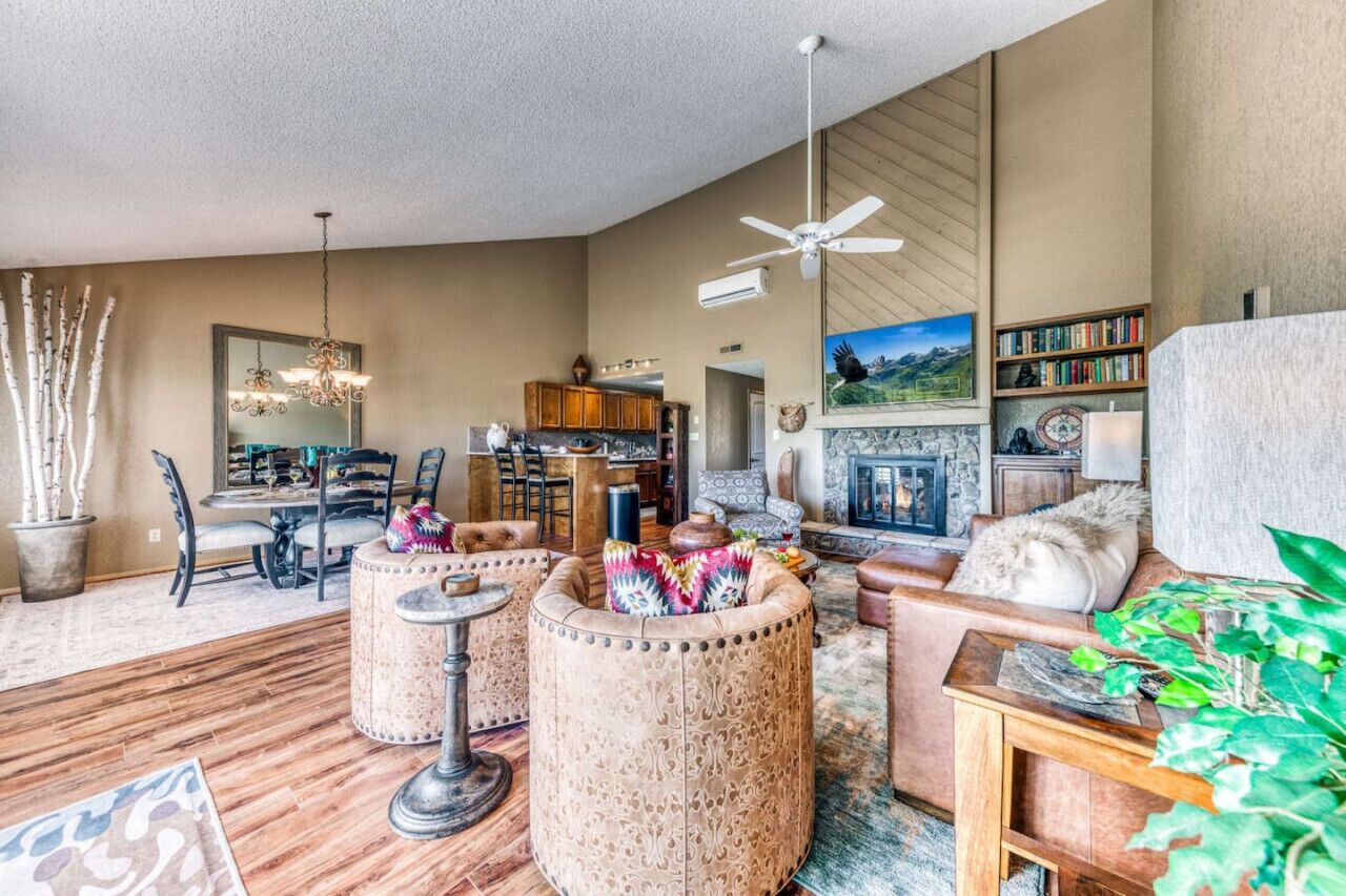 Smart TV, fireplace, books