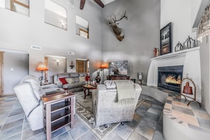 Smart TV, fireplace, books