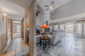 Smart TV, fireplace, books