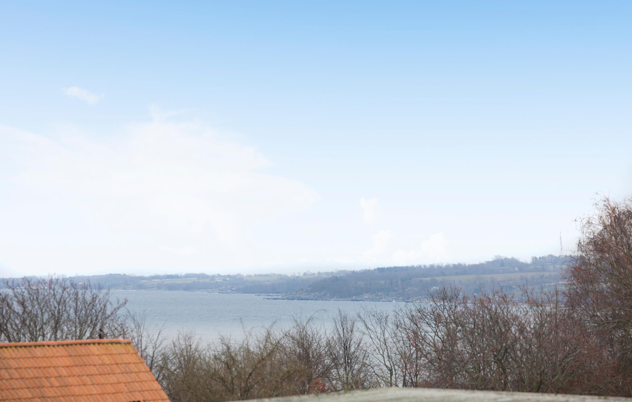 A view of a lake with a distant shoreline, trees in the foreground, and a building with a red roof.