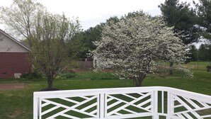 A fenced backyard with a brick building, a tree with white blossoms, and a grassy lawn.