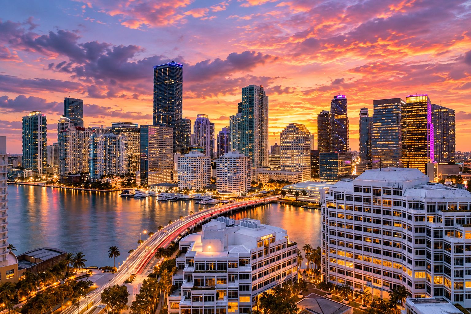 A city skyline with high-rise buildings, a waterfront, and a curved bridge.