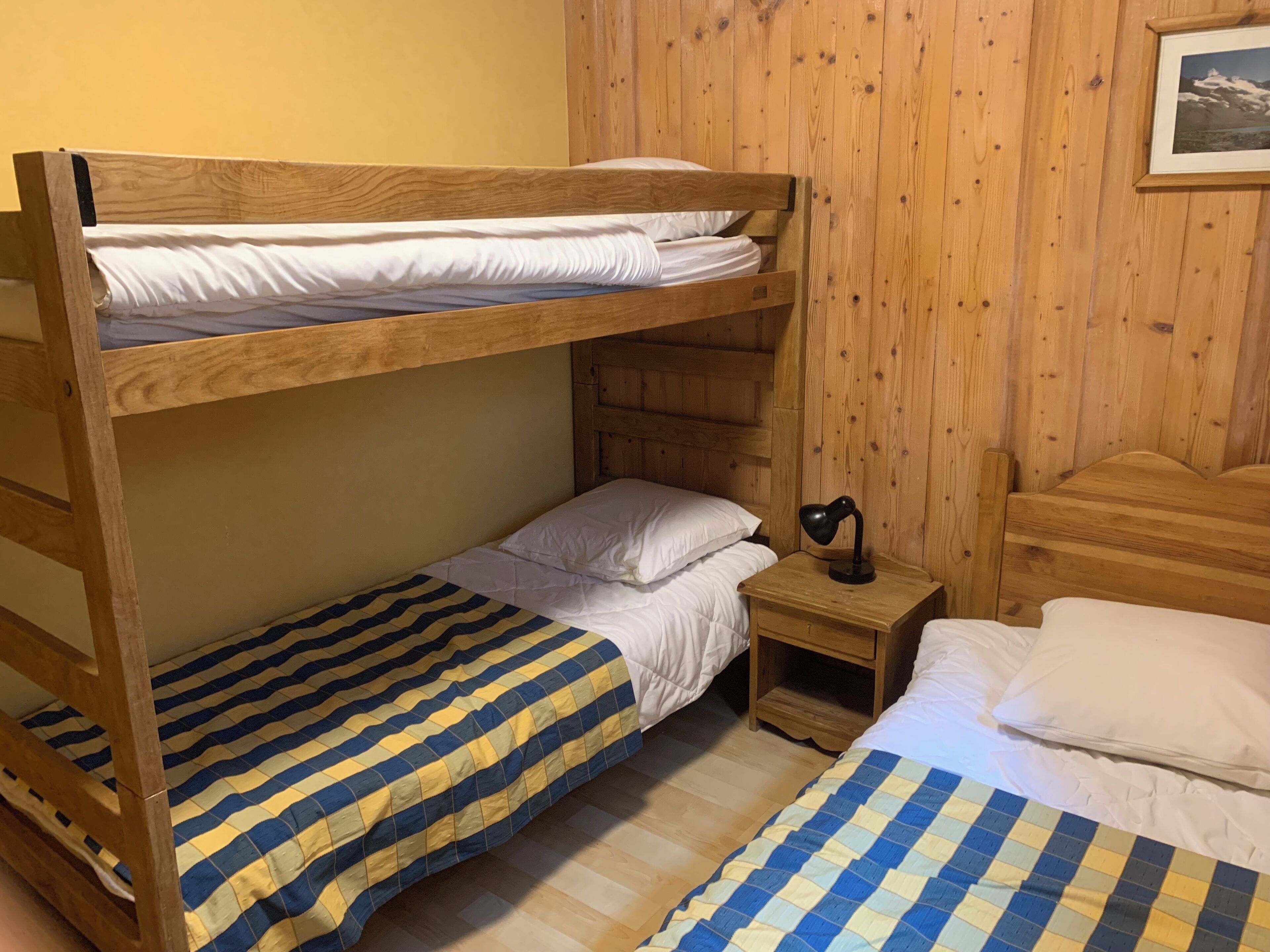 A bunk bed room with a wooden headboard, a bedside table with a lamp, and a checkered bedspread.