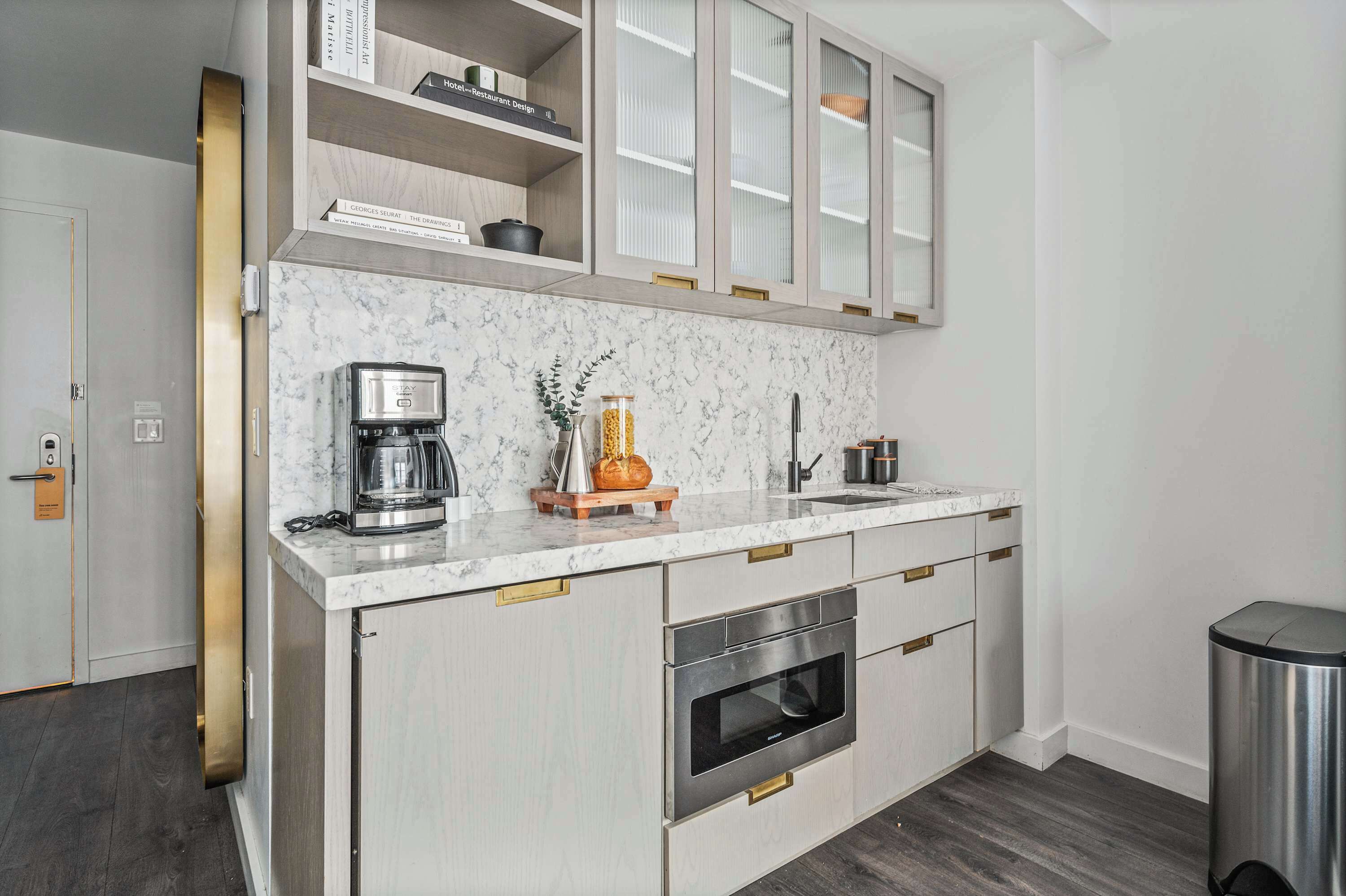 Fridge, microwave, coffee/tea maker, toaster