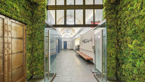 Ein Gang mit Glasdecke, moosbewachsenen Wänden und einer Bank.