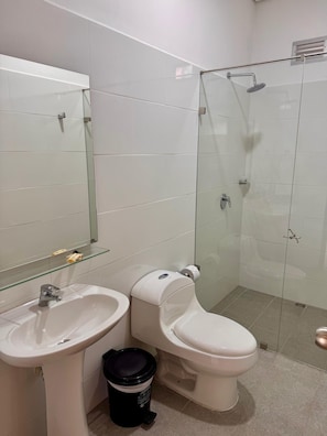 A bathroom with a toilet, bidet, sink, and glass shower enclosure.