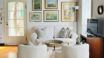 Smart TV, caminetto, lettore DVD, libri