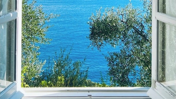 Janela aberta com vista para o mar e vegetação.
