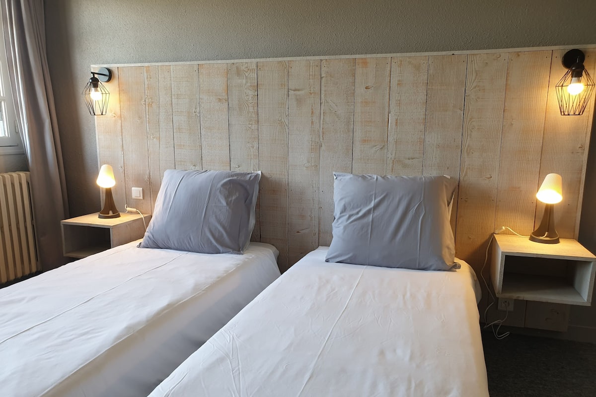 Et hotelværelse med to enkeltsenge, hver med pude og sengebordlampe.