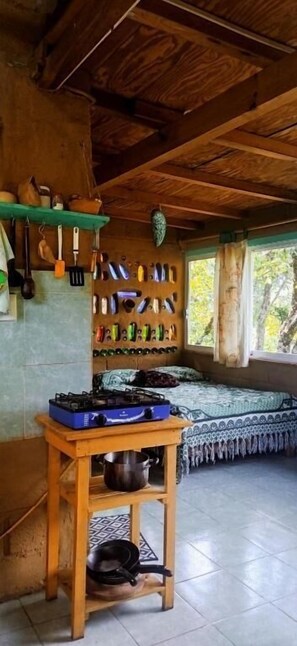 Departamento clásico, vista a la montaña | Cocina privada | Refrigerador y artículos de limpieza ecológicos 