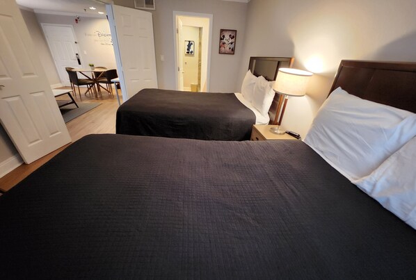 1 bedroom, desk, iron/ironing board, travel cot