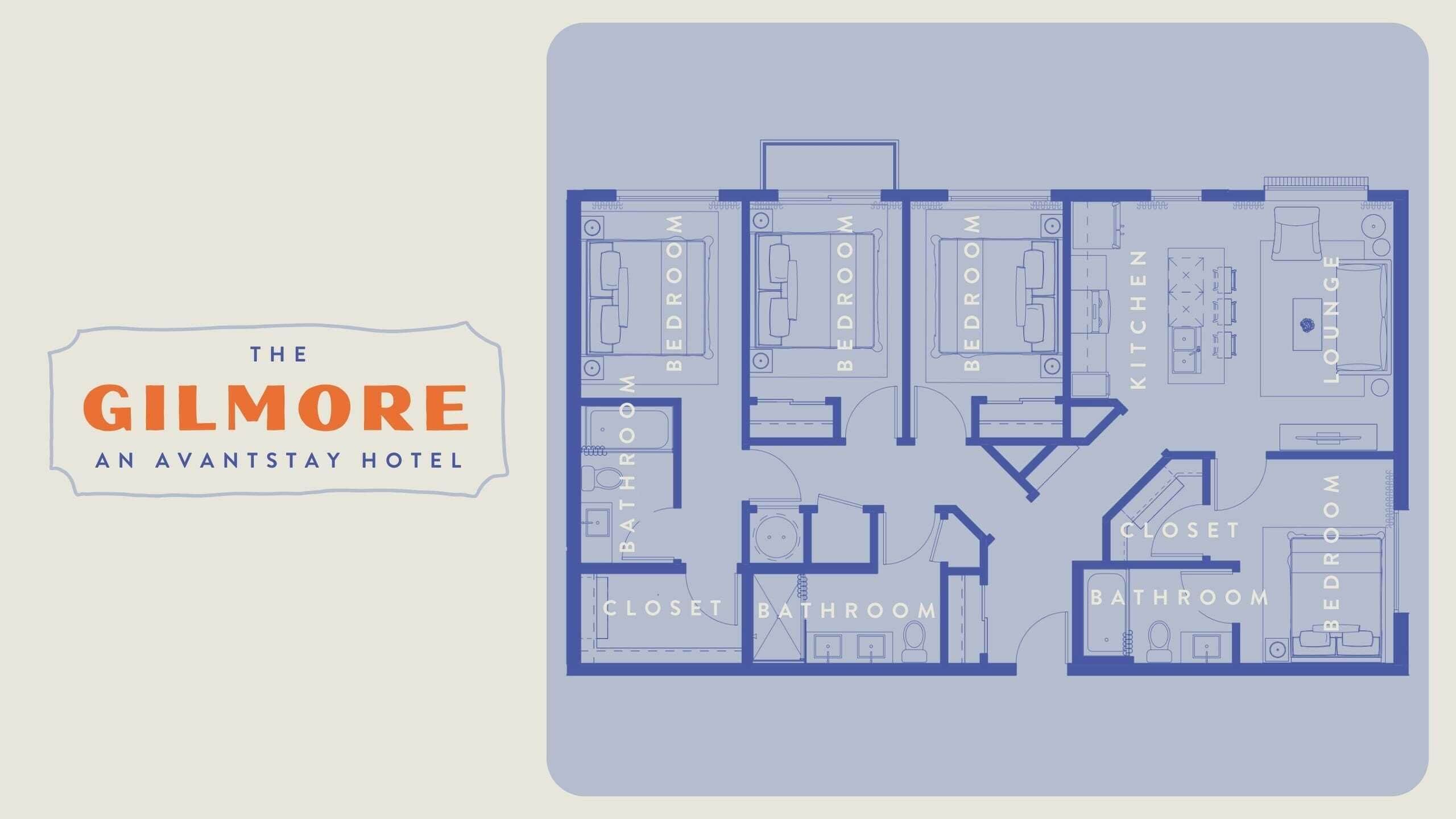 Plano de distribución de The Gilmore, un hotel de vanguardia con varias habitaciones, una cocina, un salón y dos baños.