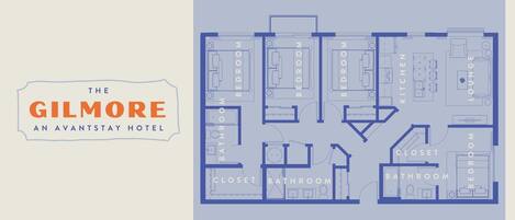 A floor plan of The Gilmore, an avant-garde hotel with multiple bedrooms, a kitchen, a lounge, and two bathrooms.