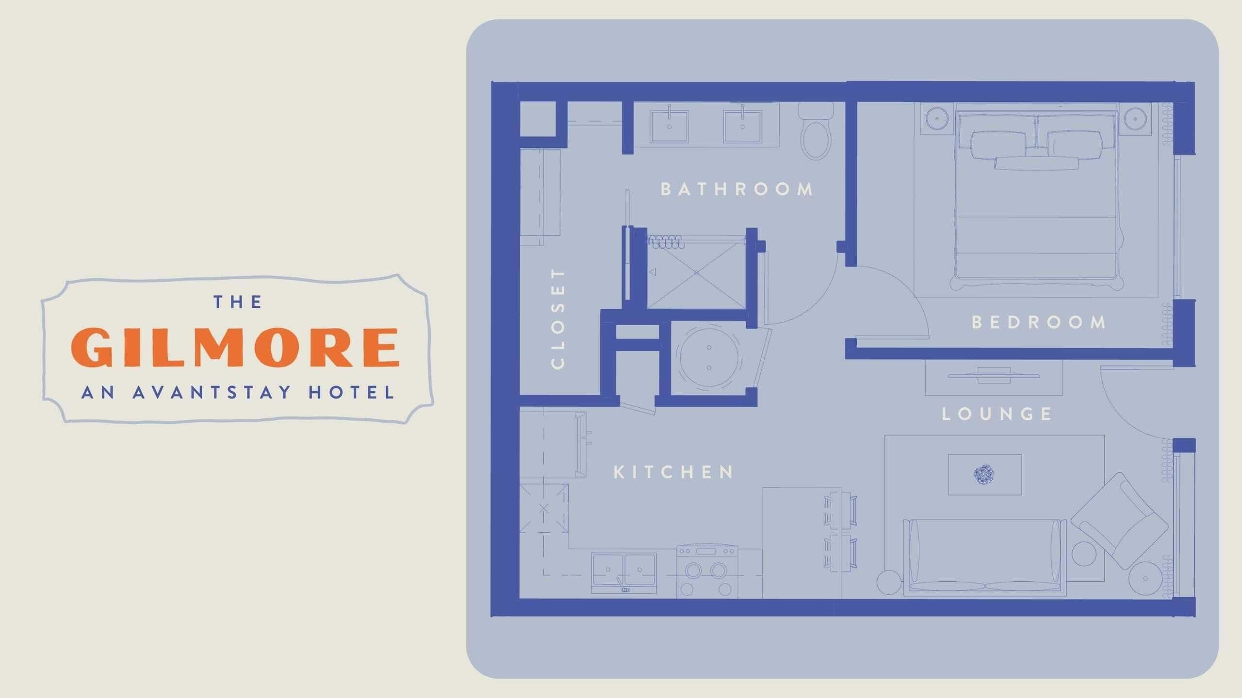 Plan d’étage de l’hôtel Gilmore, un établissement avant-gardiste comprenant une salle de bain, une chambre, un salon et une cuisine.