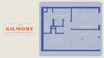 Plan d’étage de l’hôtel Gilmore, un établissement avant-gardiste comprenant une salle de bain, une chambre, un salon et une cuisine.