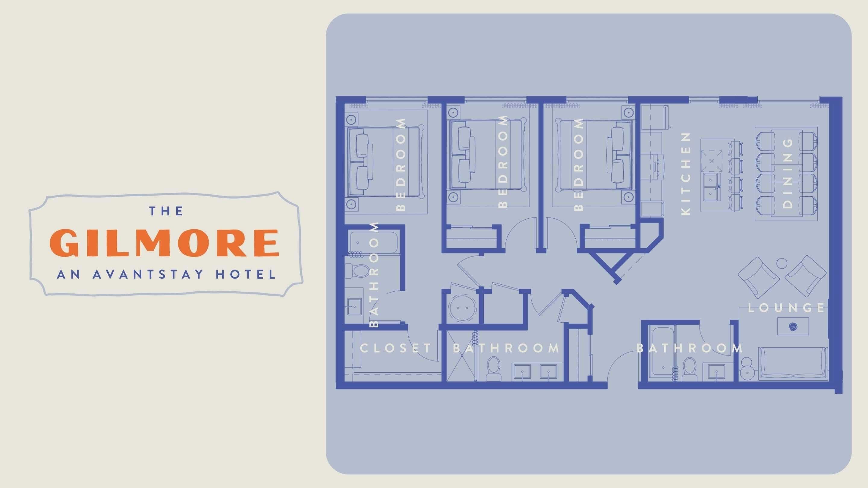 A floor plan of The Gilmore, an avant-garde hotel with multiple bedrooms, a kitchen, a dining area, a lounge, and two bathrooms.