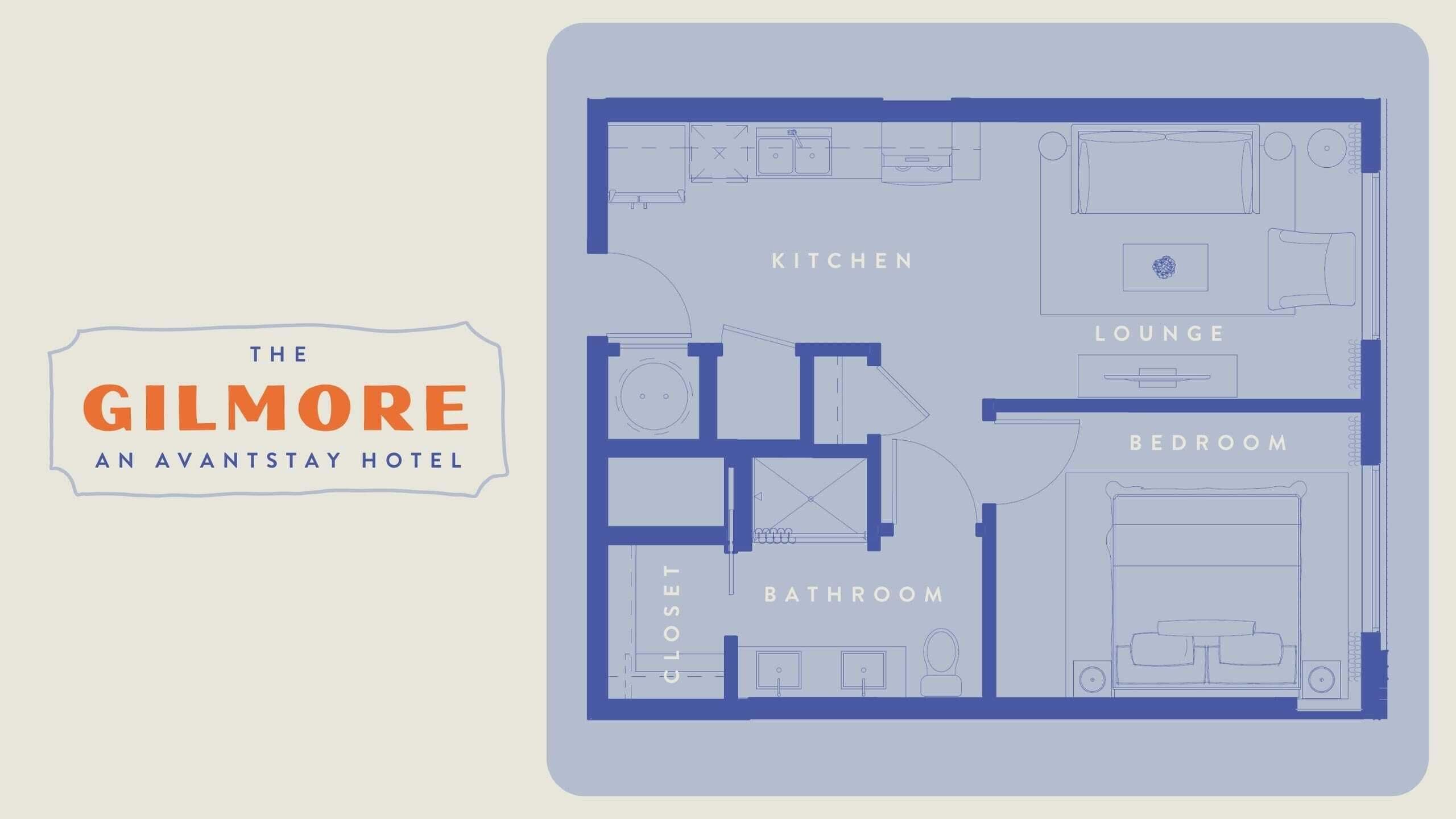 Ein Grundriss des Hotels The Gilmore, einem modernen Hotel mit Küche, Lounge, Schlafzimmer, Bad und Schrank.
