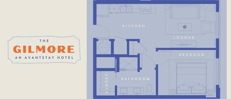 Ein Grundriss des Hotels The Gilmore, einem modernen Hotel mit Küche, Lounge, Schlafzimmer, Bad und Schrank.