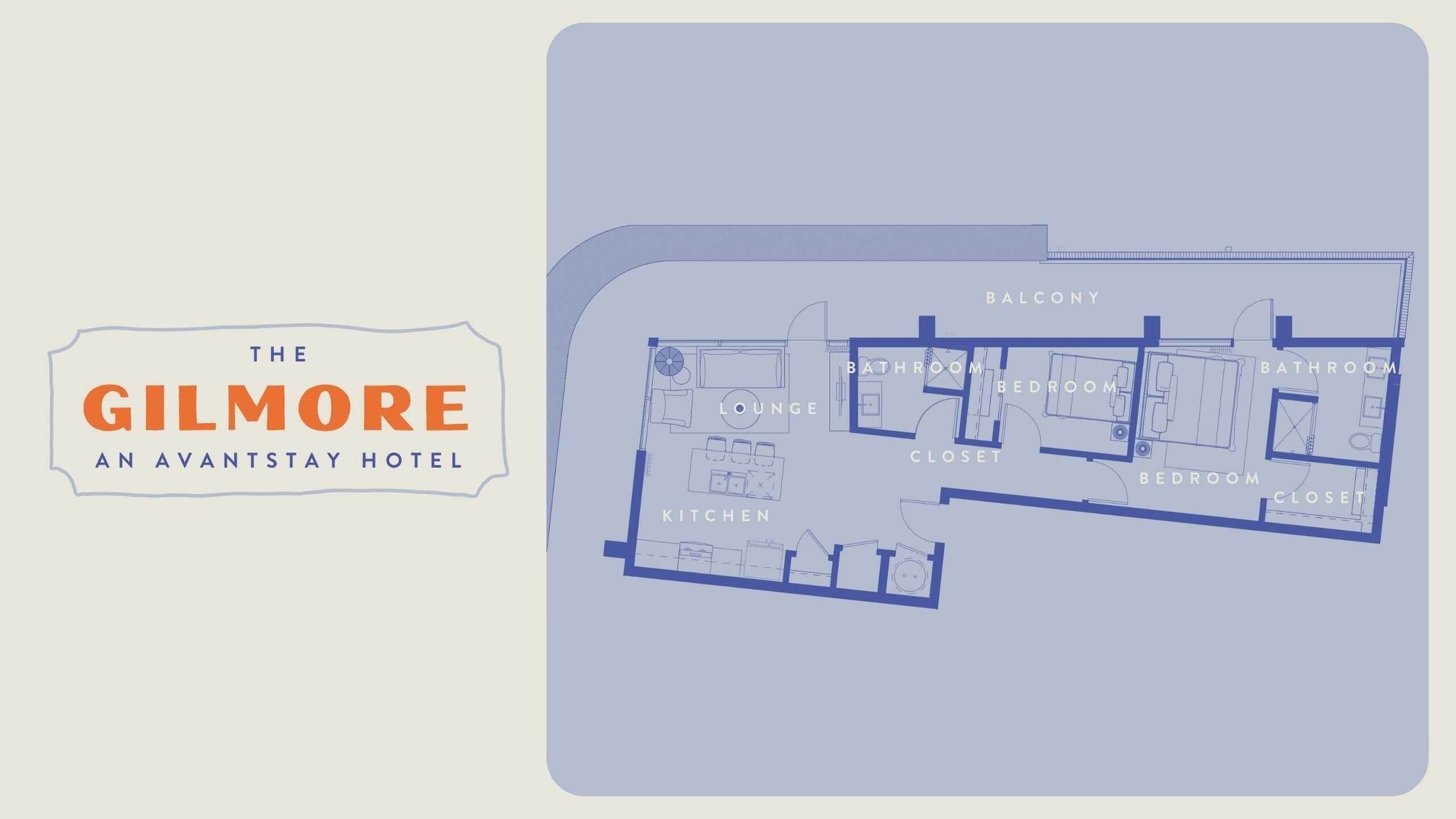A floor plan of The Gilmore, an avant-garde hotel, featuring a lounge, kitchen, bedrooms, bathrooms, and a balcony.