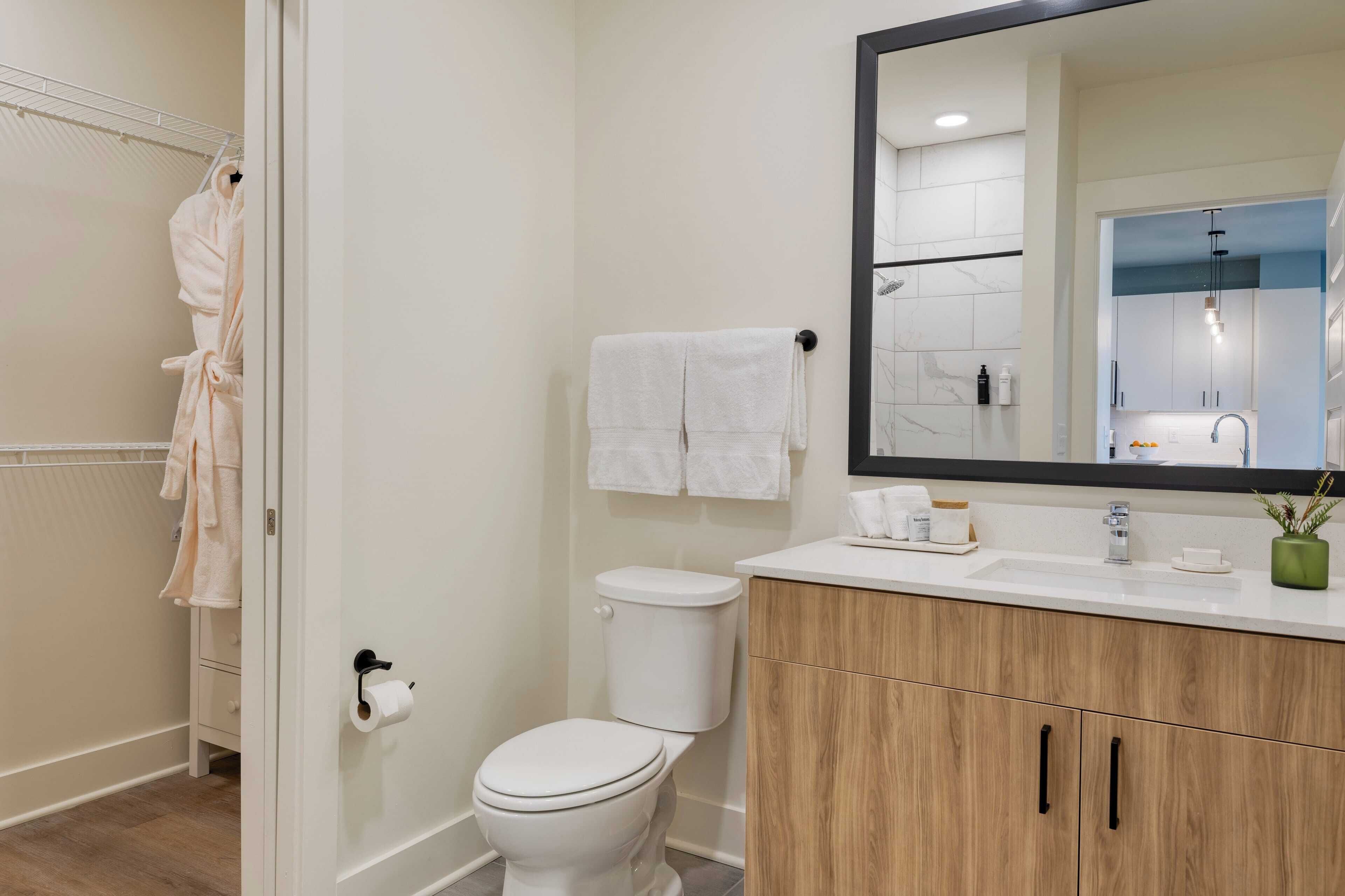 A modern bathroom with a toilet, a sink, a mirror, and a shower area.
