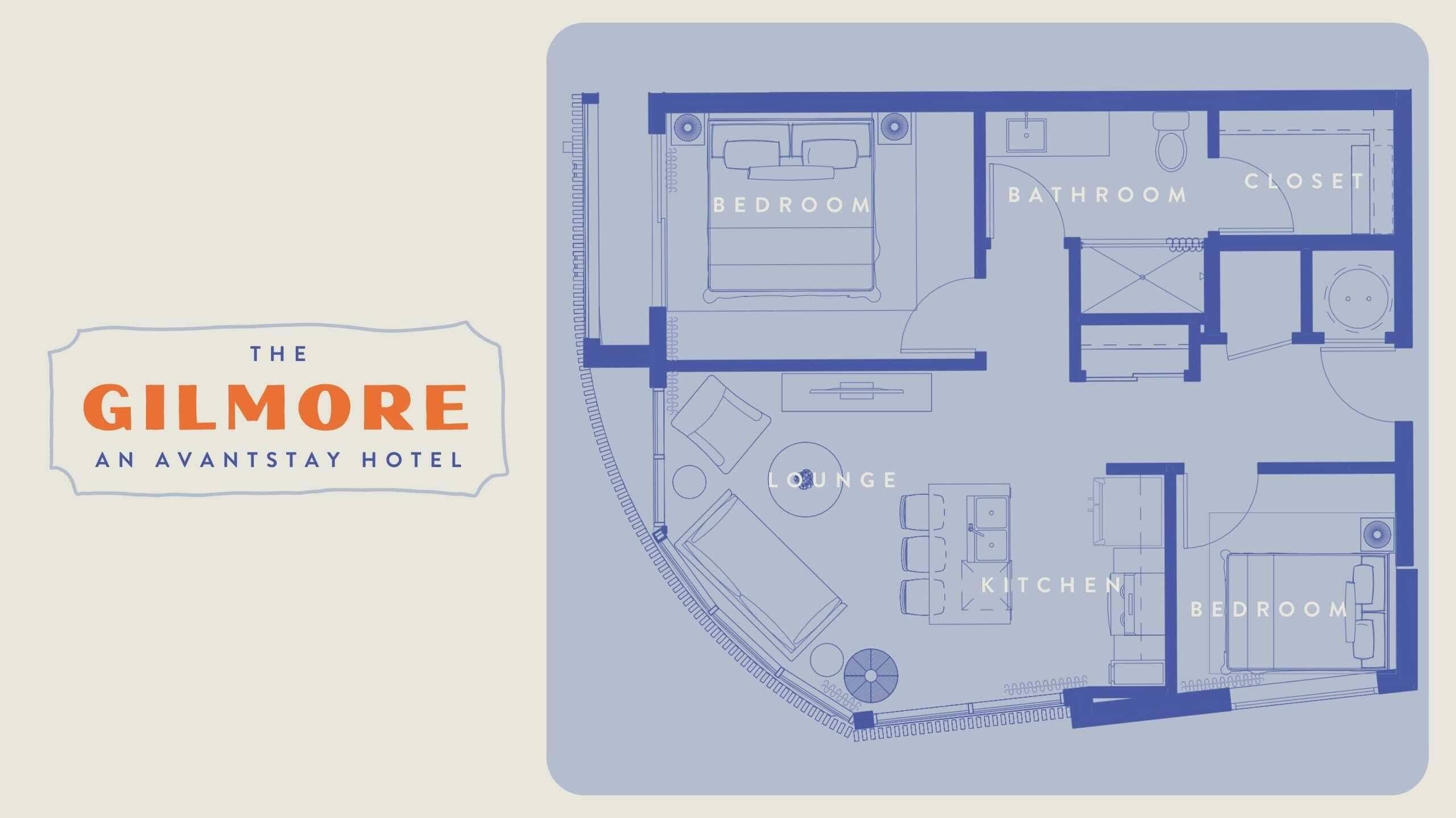 A floor plan of The Gilmore, an avant-garde hotel, featuring a bedroom, bathroom, closet, lounge, and kitchen areas.