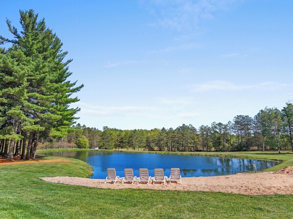 A serene lakeside setting with a row of beach chairs facing a calm pond, surrounded by lush greenery and tall trees.