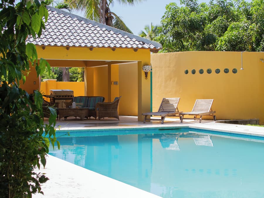 Outdoor pool, pool umbrellas, pool loungers