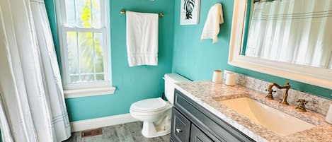 Shower, jetted tub, hair dryer, towels