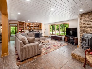 TV connectée, cheminée, jeux vidéo, livres