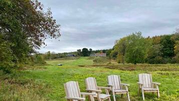Quatre chaises Adirondack en bois, placées dans un champ herbeux, avec des arbres en arrière-plan.