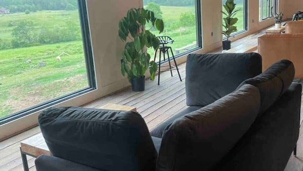 Een moderne woonkamer met een groot raam, een houten plafond en uitzicht op een groen landschap.