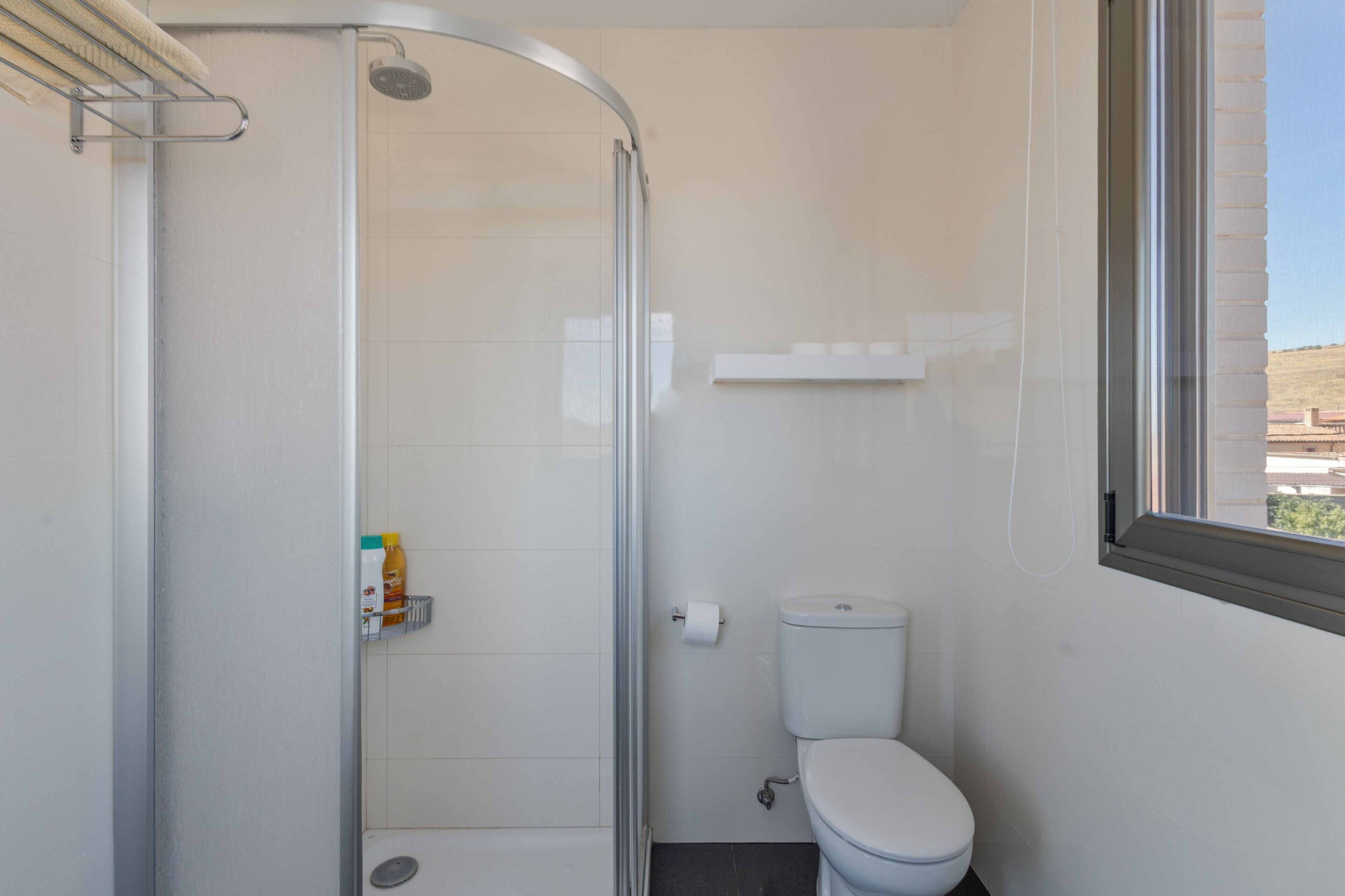 A bathroom with a glass shower enclosure, a toilet, and a window.