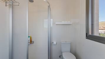 A bathroom with a glass shower enclosure, a toilet, and a window.