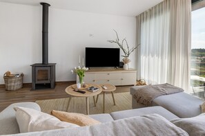 Een televisie en een open haard