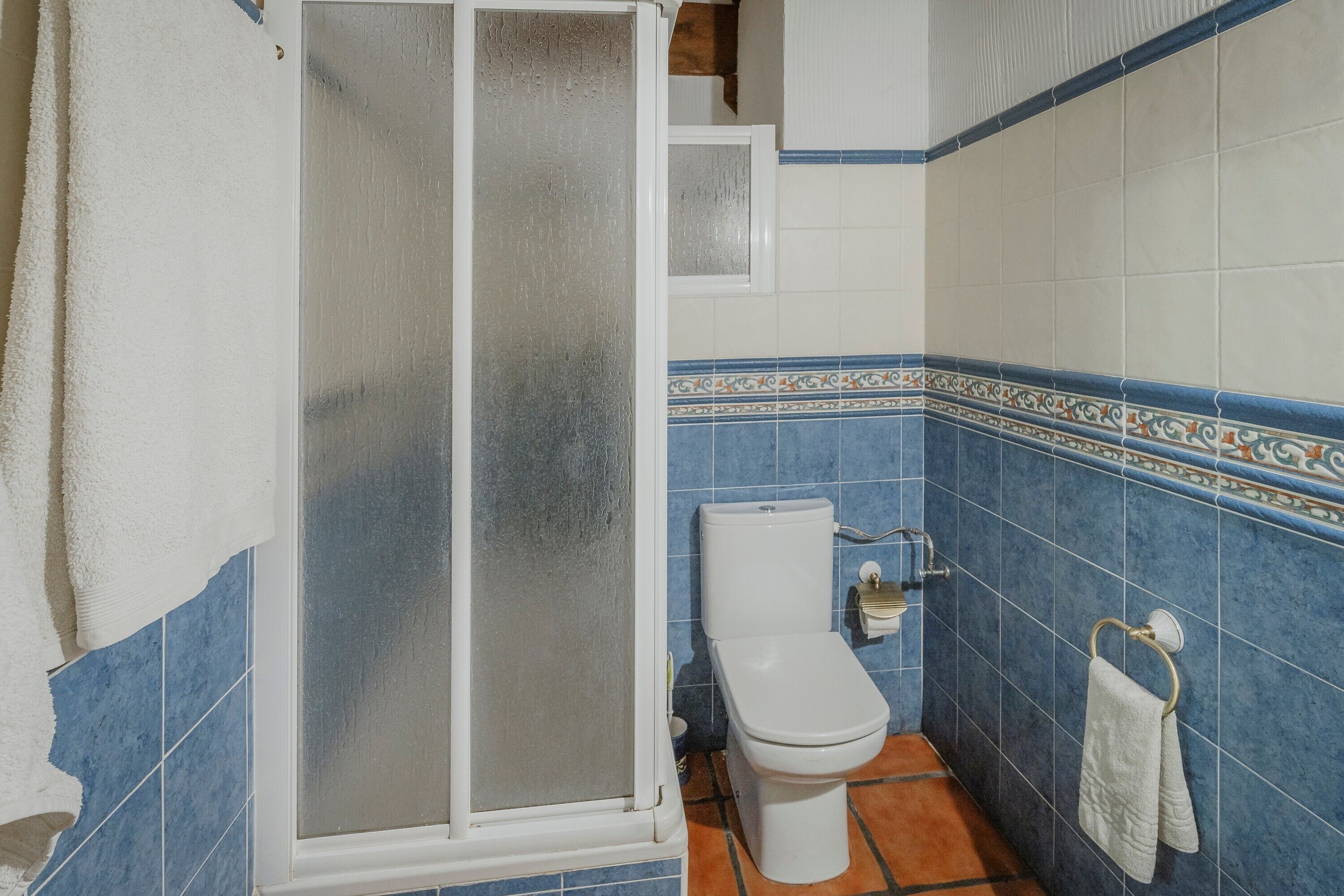 Une salle de bain avec une douche, des toilettes et des murs carrelés.