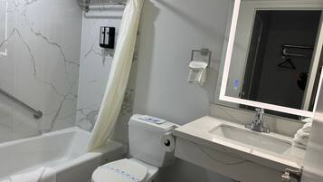 Hair dryer, towels, soap, shampoo
