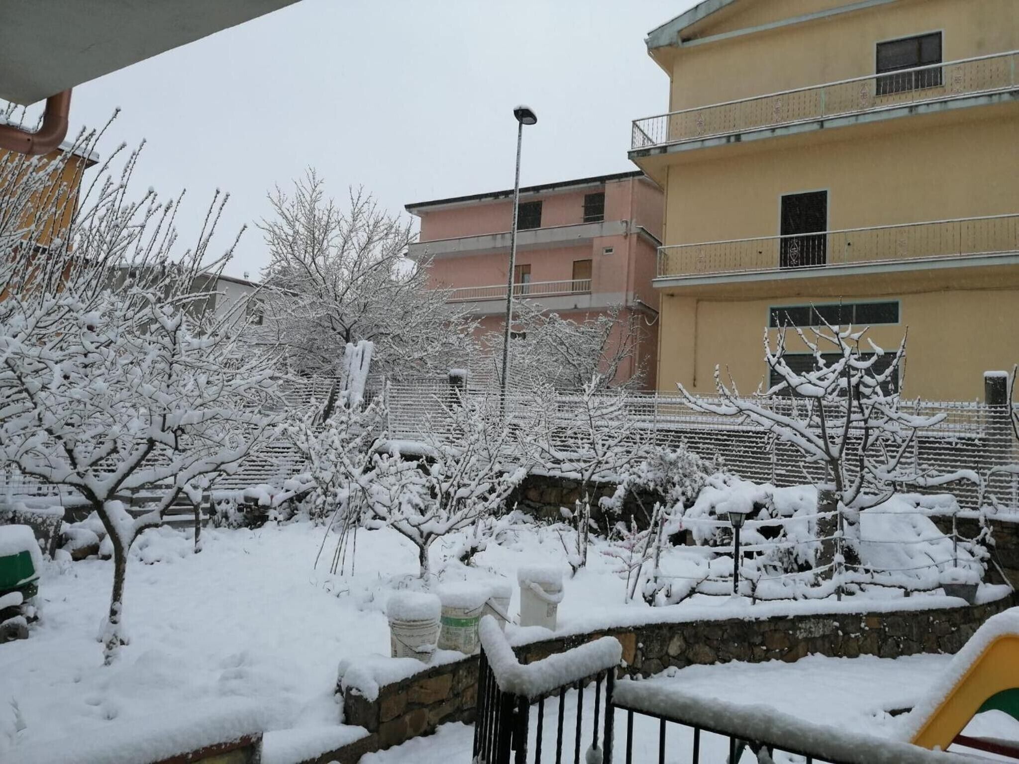 A residential area with snow-covered trees and a multi-story building with balconies.