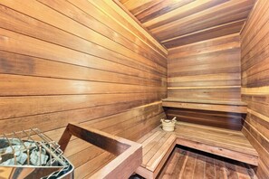 A sauna with wooden walls and benches. - Rr49b3 (Breckenridge)