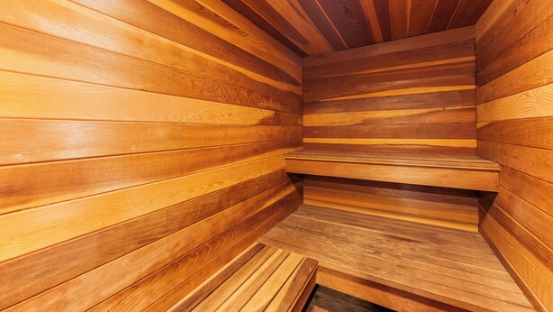 A wooden sauna with benches and a sloped ceiling. - Rr59b3 (Breckenridge)